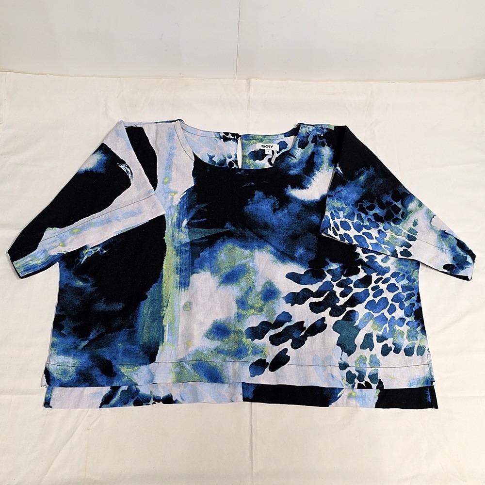 DKNY Boxy Top Womens XL Blue Abstract Animal Print Linen Blend Short Sleeve